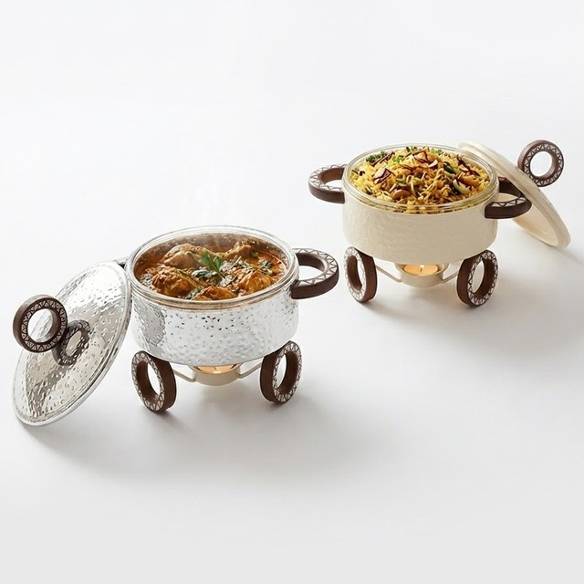 Round Mini Chafing Dish Compact Food Warmer With Glass Insert & Decorative Mop Wooden Wheel Base for Individual Buffet Service