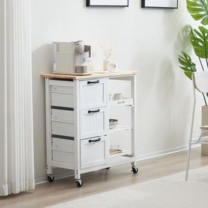 Three Drawers Three Layers 76*37*84cm Storage Cart with Black Handle Rubber Wood Log Color and White Spray Paint Dining Car - Product Image 5
