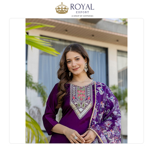 Nouvelle arrivée de vêtements indiens de créateurs : ensemble Kurti 3 pièces en coton Chanderi avec broderies, Kurti et Dupatta. - Product Image 2