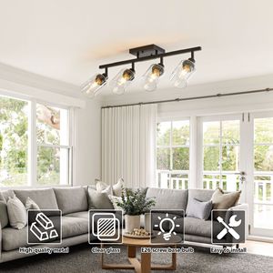 Moderna Plafoniera Nera a 4 Luci con Paralumi in Vetro Trasparente, Montaggio Semi-Incasso o a Parete Orientabile - Product Image 2