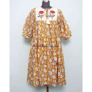 Robe longue florale à franges pour femme, 100 % coton, style vintage évasé, pour événements formels, taille naturelle, écologique, vente en gros - Product Image 1