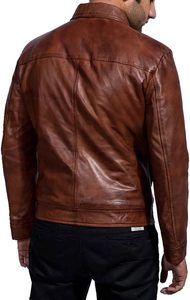 Men's Brown Genuine <b>Leather</b> <b>Jacket</b> Turn-down Collar Zipper Closure Solid Color Casual Autumn Wear Regular Length - Product Image 4