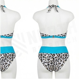 Ensemble bikini imprimé léopard pour femme, col halter, deux pièces, taille haute, avec bordure contrastée bleue et détail cordon de serrage - Product Image 2
