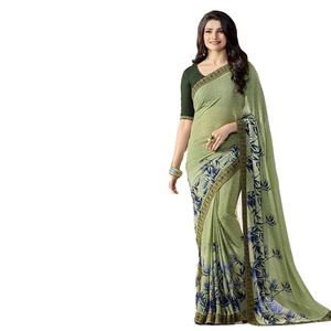Sari indien de créateur en fausse fourrure, design ethnique moderne, de haute qualité, lavable, pour mariage et soirée, avec chemisier non cousu, pour femme, Evergreen - Product Image 1