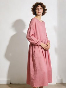 Women Vintage <b>Boho</b> Plain Maxi <b>Dress</b> <b>Long</b> Sleeve Loose Fit Cotton Linen Plain O-Neck Summer Beach <b>Dress</b> - Product Image 4