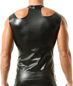 Chaleco de cuero sintético para hombre, camiseta sin mangas brillante informal, estilo motociclista moderno, cuello redondo con botones - Product Image 2