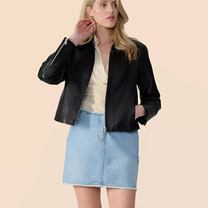 <b>Women</b> Black Genuine Leather <b>Jacket</b> Ladies Slim Fit Biker Moto Style <b>Zip</b>-<b>Up</b> Customized Logo Factory Price Wholesale OEM - Product Image 5