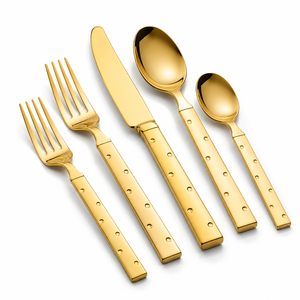Ensemble de couverts de luxe en acier inoxydable doré, finition miroir, cuillère, fourchette, couteau, vaisselle, articles de table, mariage, hôtel, restaurant - Product Image 1