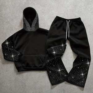 Heavyweight Oversized Zip Sparkle Diamond Rhinestone Mud Spray Wash Hoodie and Double Waist Sweatpants Tracksuits Sweatsuits Set - Product Image 1