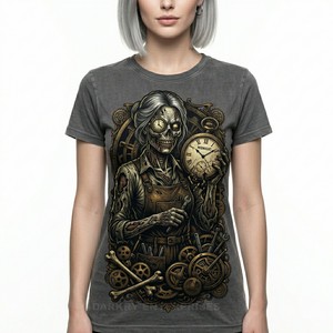 T-shirt graphique personnalisé pour femme, style découpe papier 3D, imprimé fille zombie, en coton gris, fabrication sérigraphiée, streetwear décontracté - Product Image 3
