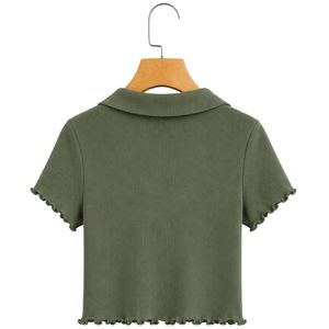 เสื้อโปโลครอปผู้หญิงสีเขียวมะกอก แขนสั้น ทรงเข้ารูป คอวี ผ้าถักลายริบ ยืดหยุ่นได้ ผลิตจากผ้าฝ้ายผสมสแปนเด็กซ์ สไตล์ลำลอง แฟชั่นฤดูร้อน - Product Image 2