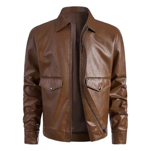 Veste en cuir véritable marron pour homme, col rabattu, coupe classique, couleur unie, fermeture à boutons, vêtement d'automne - Product Image 6