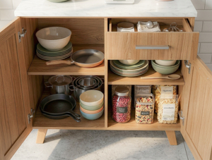 Mueble de Cocina Bajo Moderno y Minimalista de Tablero de Partículas, con Cubierta de Melamina de Mármol Blanco, 2 Cajones y 1 Compartimento Lateral, Modelo K208L - Product Image 3