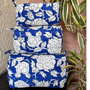 Juego de Bolsas de Cosméticos de Algodón con Estampado Floral Azul y Blanco, Estilo Bohemio, Bordadas, Multifuncionales, Bolsas Organizadoras de Viaje - Product Image 1