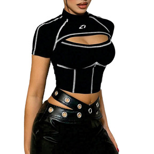 OEM Custom Women Mock Neck Cutout Crop <b>Top</b> Premium Stretch Performance Fashion Tee OEM Private Label Women's Shirts Manufacturer - Product Image 4