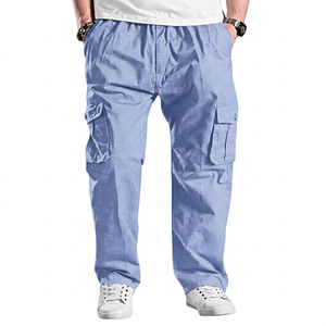 Men's <b>Summer</b> Spring Casual Sports Workout Woolen <b>Trousers</b> 100% Cotton Breathable Mid Plain Dyed Straight Multi-Pocket Cargo - Product Image 3