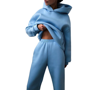 Ensemble de survêtement pour femme, bleu clair, à capuche, manches longues, couleur unie, vêtements décontractés, matière polaire, coupe ample, deux pièces - Product Image 1