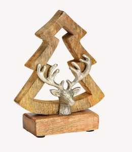 Ornement décoratif circulaire cerf et sapin argentés avec base en bois pour décoration de Noël, objets au design personnalisable - Product Image 3
