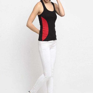<b>Women's</b> Black Red Solid Casual Tank <b>Top</b> with O-Neck Cotton/Polyester Blend Woven Fabric Breathable & Quick Dry 180g - Product Image 5