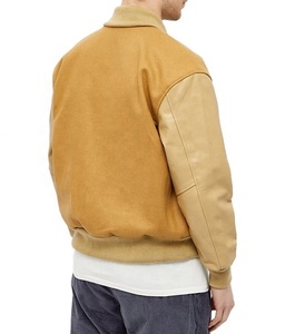 Men's Tan <b>Suede</b> Bomber <b>Jacket</b> With Leather Sleeves Stand Collar Casual Autumn Wear - Product Image 3