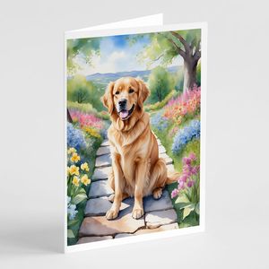 Whimsical A7 tamaño 5x7 Golden Retriever Spring Path tarjetas de felicitación Paquete de 8 tarjetas de nota en blanco con sobres - Product Image 1