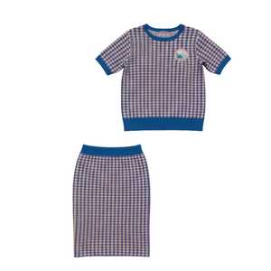 Ensemble 2 pièces en tricot pied-de-poule pour femmes Jack and Jill : haut à manches courtes et jupe crayon, tenue décontractée assortie, logo personnalisé, vente en gros - Product Image 1
