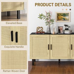 Credenza Boho Nera e Naturale con 3 Ante in Rattan, Ripiani Regolabili, Buffet per Sala da Pranzo - Product Image 5