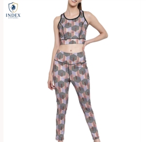 INDEX APPAREL Women Yoga Set 2 Piece High Waist Leggings Scoop Neck <b>Racerback</b> Sport <b>Bra</b> Geometric Print Full Length - Product Image 1