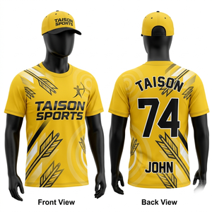 Maillot de tir à l'arc en polyester interlock premium 180 GSM, gris, noir, bleu, or, avec design de panneaux latéraux et impression par sublimation personnalisée du logo - Product Image 6
