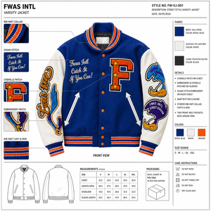 Casual Wool Varsity <b>Jacket</b> Leather Sleeves Chenille Embroidery Patch Street Design Hip Hop Style Baseball Letterman Stand Front - Product Image 1