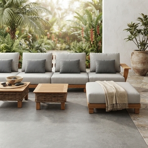 Outdoor Teak Wood Sectional <b>Sofa</b> Set Woven Wicker Coffee Table Modular Patio Lounge Cushion <b>Sofa</b> <b>Bed</b> Ottoman Setup Art - Product Image 5