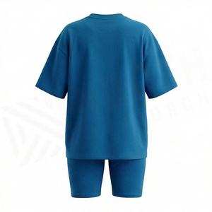 Conjunto Deportivo de 2 Piezas para Mujer, Tejido, Azul Sólido, Camiseta de Manga Corta y Pantalones Cortos por Encima de la Rodilla, Corte Holgado Informal, Transpirable, para Verano - Product Image 2