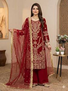 <b>Red</b> Classic A-Line Georgette <b>Sequined</b> Embroidered Party Dress with Dupatta Women Salwar Kameez Set Wedding Festival Wear - Product Image 1