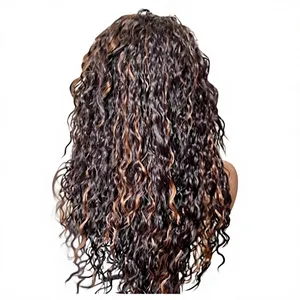 Pelucas de cabello humano rizado con encaje frontal, color marrón oscuro mezclado con balayage rubio, peluca frontal larga de ondas sueltas y profundas. - Product Image 6