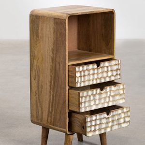 Mesita de Noche Moderna de Madera de Mango con 3 Cajones y Tejido de Ratán, Mesa Auxiliar para Dormitorio, Mueble para el Hogar - Product Image 2