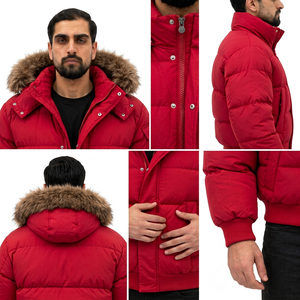 Men's Red Hooded Puffer Jacket <b>Fur</b> <b>Trim</b> Cotton Filled Windproof Zipper Closure Casual Winter Coat Worsted Fabric Streetwear - Product Image 6