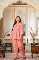 Pyjama décontracté rose en coton cambre imprimé floral, col chemise, manches trois quarts, grande taille, pour femme, vente en gros