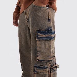 Jeans cargo modernes délavés à l'acide pour hommes avec coutures renforcées Poches fonctionnelles Étiquettes personnalisables et image de marque - Product Image 4