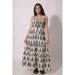 เดรสยาวทรงโบฮีเมียนพิมพ์ลายบล็อกแบบรักษ์โลก ไร้แขน คอตตอนระบายอากาศ เอวยางยืด เหมาะสำหรับใส่หน้าร้อน - Product Image 1