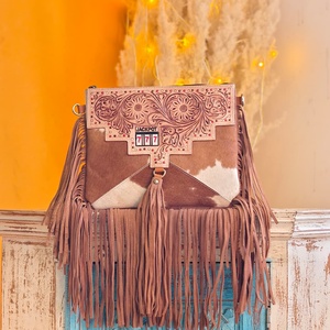<b>Unique</b> Western Style Tooled Cowhide Fur 100% Genuine Leather Shoulder Sling Fringe Bags Animal Print Vintage Crossbody Sling Bag - Product Image 3