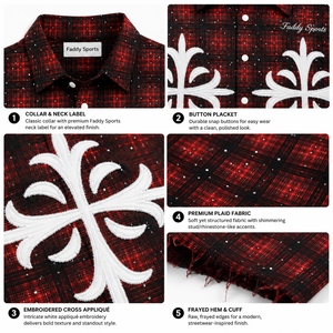 Chemise en flanelle à carreaux rouges pour homme, style streetwear personnalisé, coupe oversize, broderie croix blanche, manches longues, vintage, gothique, punk, boutonnée - Product Image 4