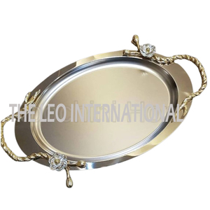 Magnifiques poignées dorées créatives, design de branche feuillue avec émail blanc fantaisie, plateau de service en métal de forme ovale, fait main, paires de 2 - Product Image 2