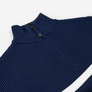 Pull en maille rayé bleu marine pour homme, col montant, coupe droite, manches longues, style nautique, idéal pour l'automne - Product Image 3