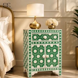 Bone Inlay Nightstand <b>Side</b> <b>Table</b> Accent Cabinet Green White Pattern Drawer <b>Storage</b> for Living Room Bedroom - Product Image 2