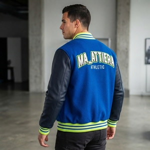 Veste pour homme MA_ATTIERA, manches en cuir PU bleu, logo brodé, style décontracté, coupe classique, col rabattu, pour l'automne - Product Image 4