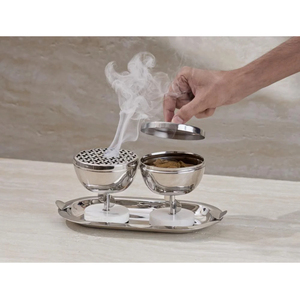 Juego de Incensario Árabe de Acero Inoxidable de Lujo, Moderno Soporte Plateado para Bukhoor con Bandeja y Tapa para Aromatizar el Hogar - Product Image 1