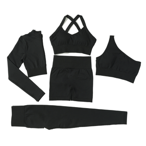 <b>Women</b> Black 5 Piece Athletic Set Criss Cross Sports Bra <b>Long</b> Sleeve Crop Top Leggings <b>Shorts</b> Gym Workout - Product Image 6