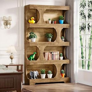 Étagère à livres en bois asymétrique à 4 niveaux, autoportante, pour rangement et présentation - Product Image 5