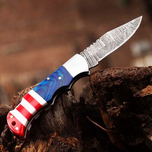 Navaja Plegable de Acero de Damasco con Hoja de Punta Caída, Mango con Bandera Americana Roja, Blanca y Azul, Cierre Trasero, Navaja de Bolsillo EDC, Equipo de Supervivencia OEM - Product Image 5