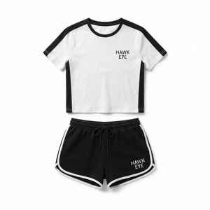 ชุดเซ็ตสองชิ้นสไตล์สปอร์ตสำหรับผู้หญิง เสื้อยืดสีขาว กางเกงขาสั้นสีดำ ผ้าถักระบายอากาศ ทรงปกติ ใส่สบายๆ สำหรับฤดูใบไม้ผลิและฤดูร้อน - Product Image 6
